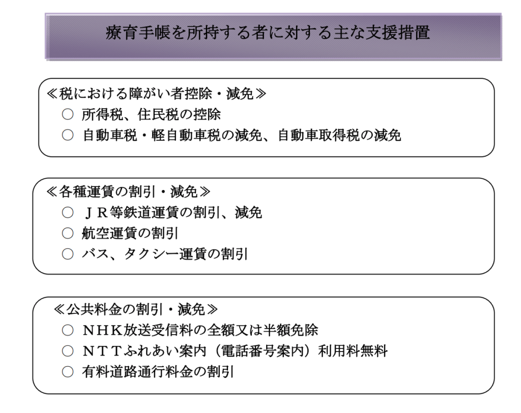 療育手帳を所持するものに対する主な支援措置、総務省