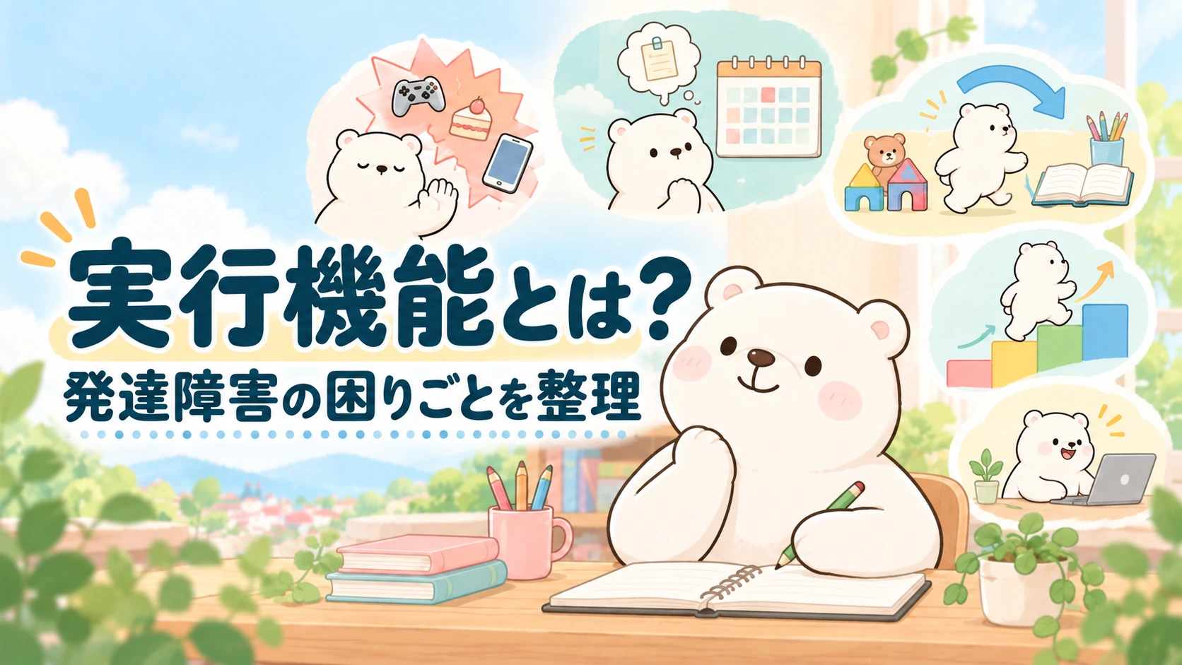 実行機能をテーマに、止める・覚える・切り替えるをやさしく表現したアイキャッチ画像