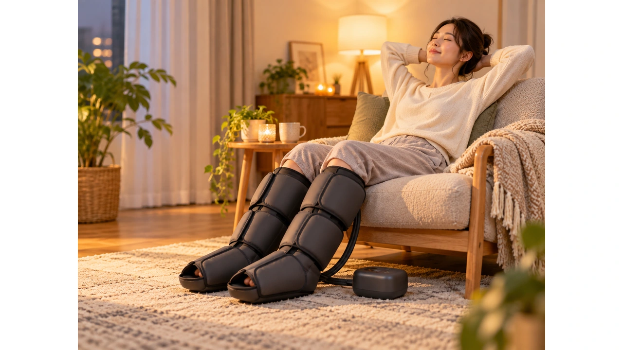 仕事終わりに足用エアーマッサージ機で脚を休ませるイメージ
