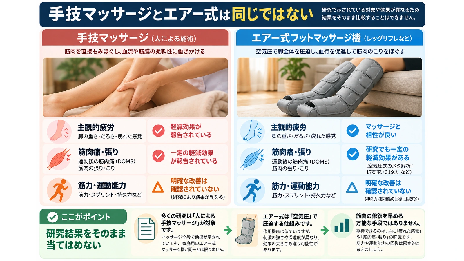 手技マッサージと空気圧式マッサージの研究上の違いを比較する図