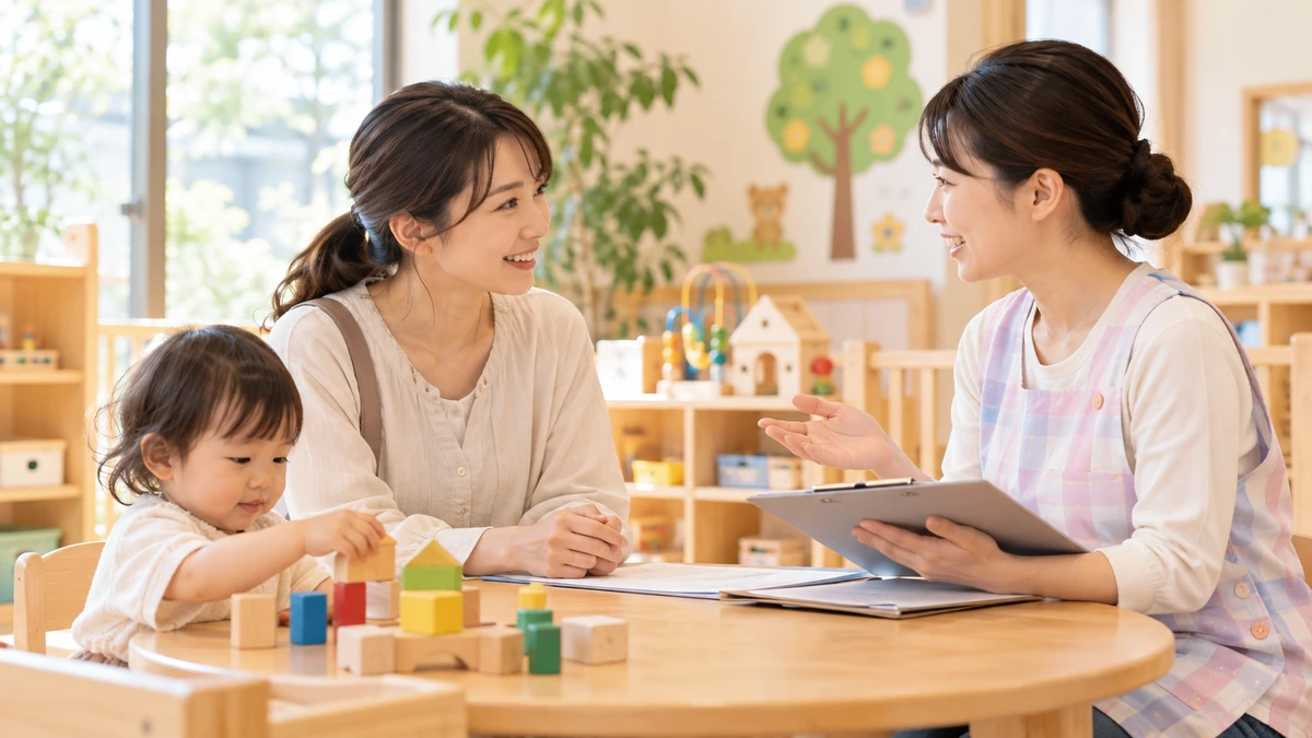 保護者と保育者が通園の予約や事前面談について相談し、幼児がそばで遊ぶ場面