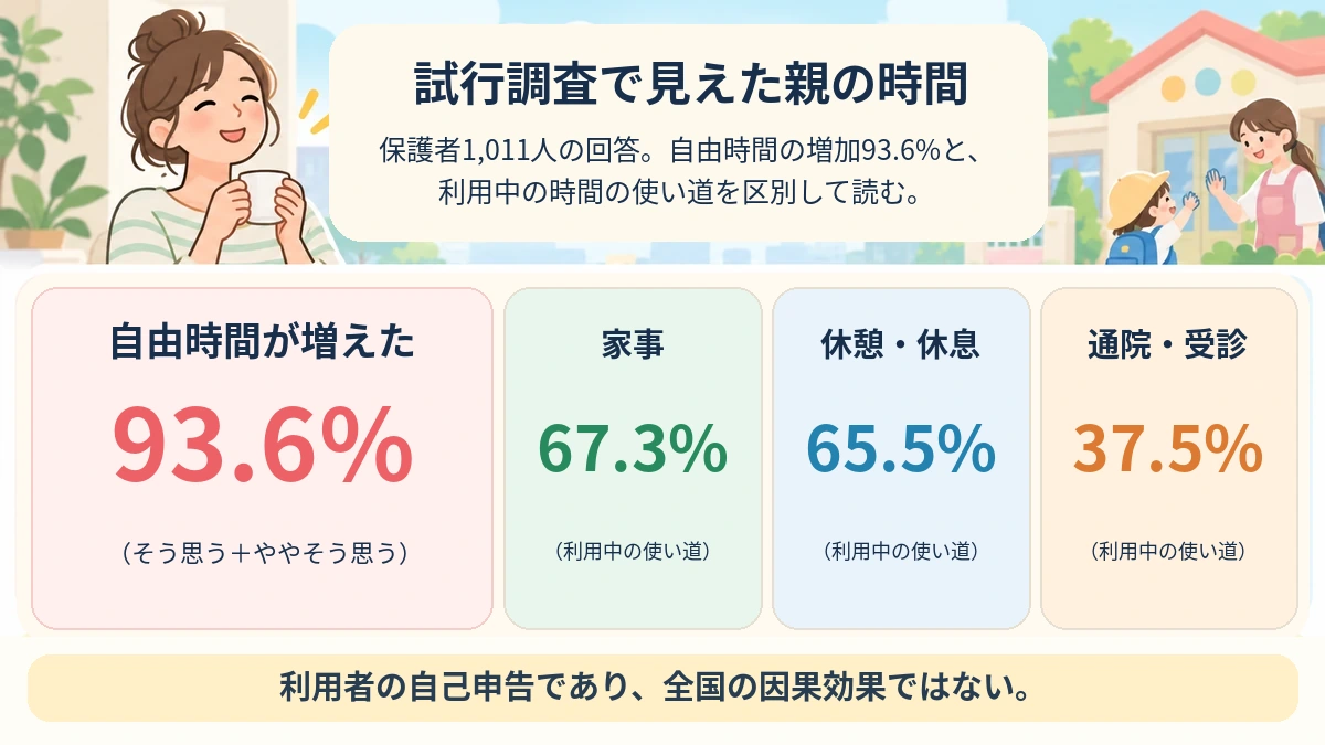 試行事業における保護者1,011人の回答、自由時間増加93.6%と家事・休息・通院の利用割合を分けて示す図