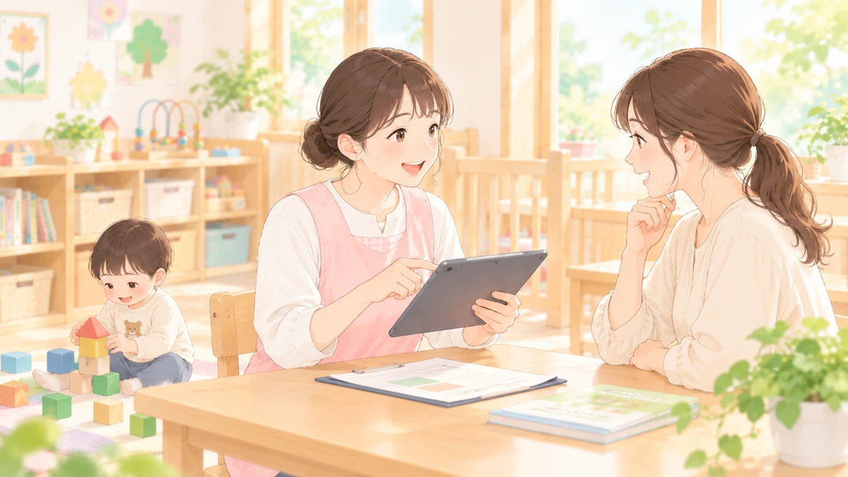 保護者と保育者が幼児の健康状態や生活リズムを確認する事前面談のイメージ