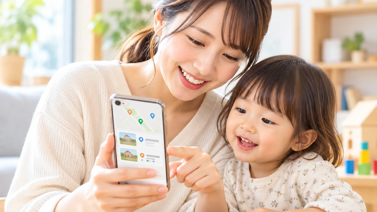 幼児のそばでスマートフォンから利用施設を探す保護者のイメージ