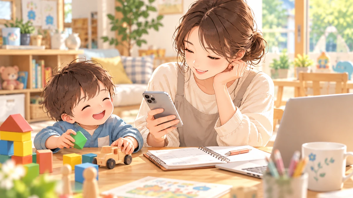親子がスマートフォンと予定表を見ながら保育サービスの利用を検討するイメージ