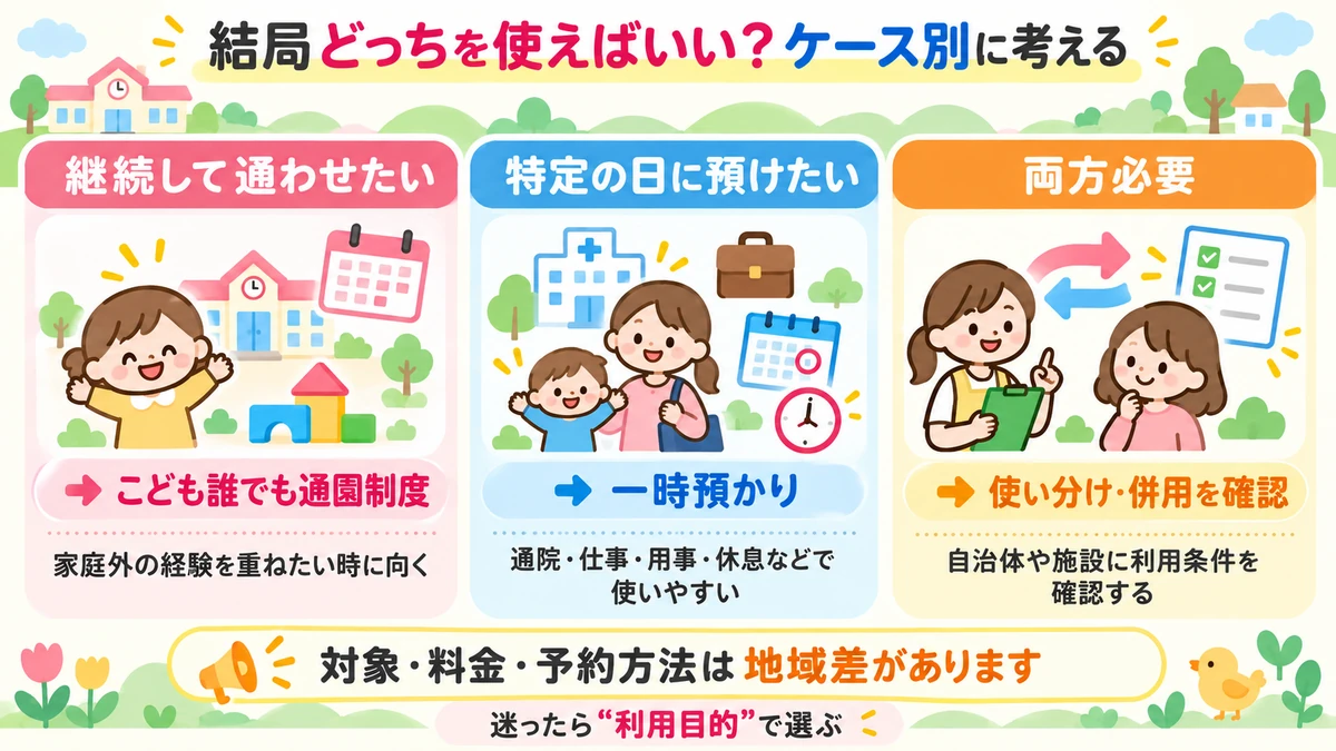 利用目的から誰でも通園と一時預かりを選ぶケース別フロー図