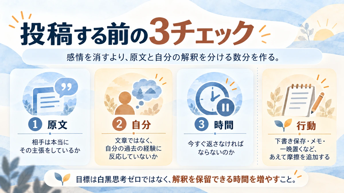 SNS投稿前に原文、自分の反応、返答の緊急性を確認する3項目